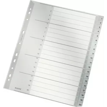 LEITZ 1284 A4 Extra Wide Numbered Index Dividers 1-20, Grey, 20-Part, Polypropylene, 0.12 mm, with Writable Cover Sheet 1284-00