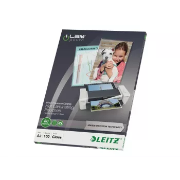 Leitz 7485-00-00 A3 Laminating Pouches, Glossy Crystal Clear, 125 micron, 100 Pack