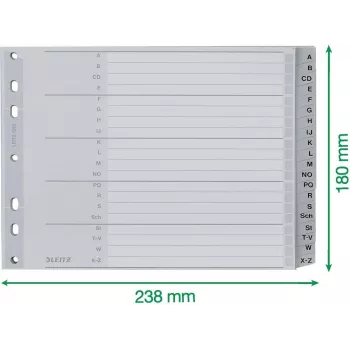 Leitz A-Z Alphabetical Index Dividers, A4, Grey Plastic Tabs on 250 g/m² Cardboard, 20-Part, 11-Hole Universal Punching 1262-01-00