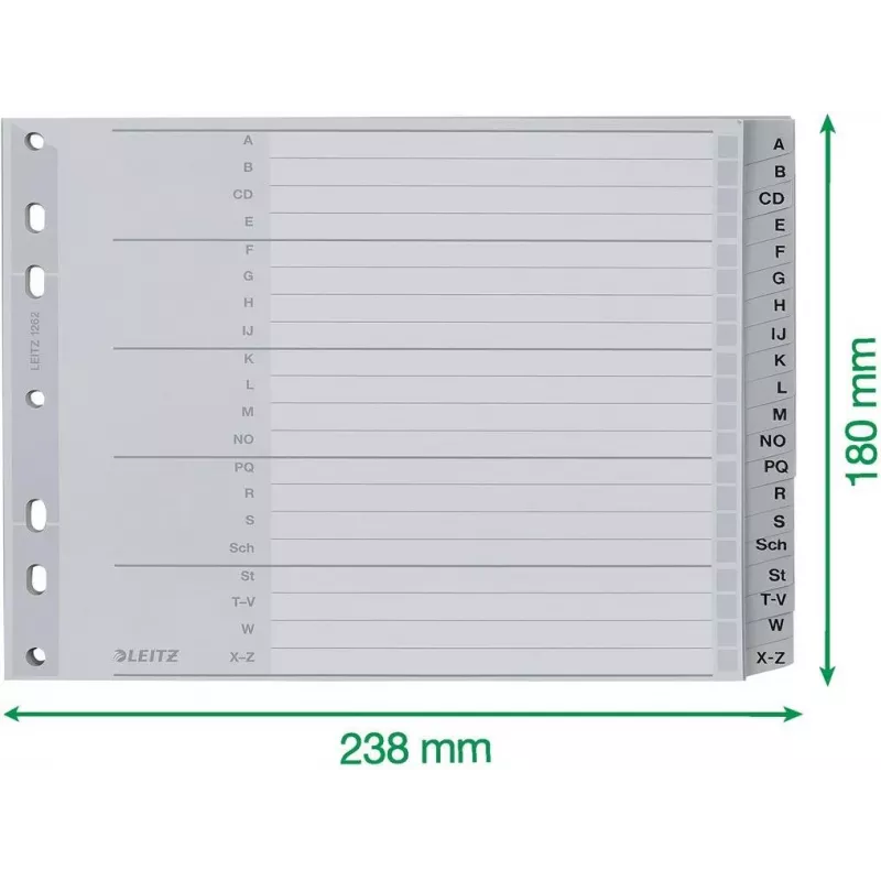 Leitz A-Z Alphabetical Index Dividers, A4, Grey Plastic Tabs on 250 g/m² Cardboard, 20-Part, 11-Hole Universal Punching 1262-01-00