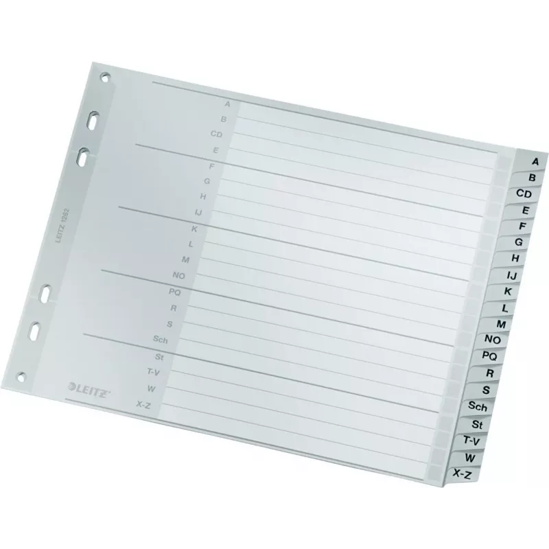 Leitz A-Z Alphabetical Index Dividers, A4, Grey Plastic Tabs on 250 g/m² Cardboard, 20-Part, 11-Hole Universal Punching 1262-01-00