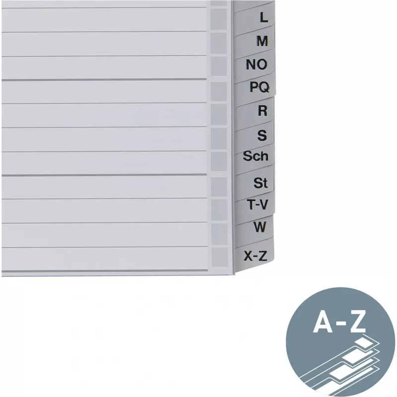 Leitz A-Z Alphabetical Index Dividers, A4, Grey Plastic Tabs on 250 g/m² Cardboard, 20-Part, 11-Hole Universal Punching 1262-01-00