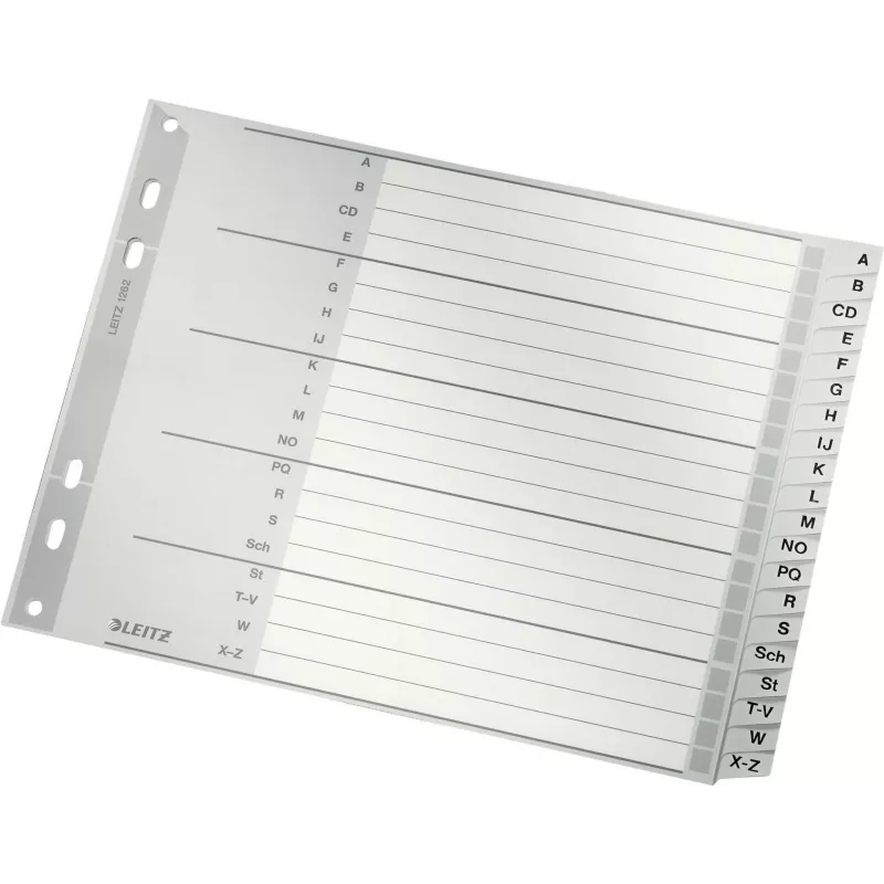 Leitz A-Z Alphabetical Index Dividers, A4, Grey Plastic Tabs on 250 g/m² Cardboard, 20-Part, 11-Hole Universal Punching 1262-01-00