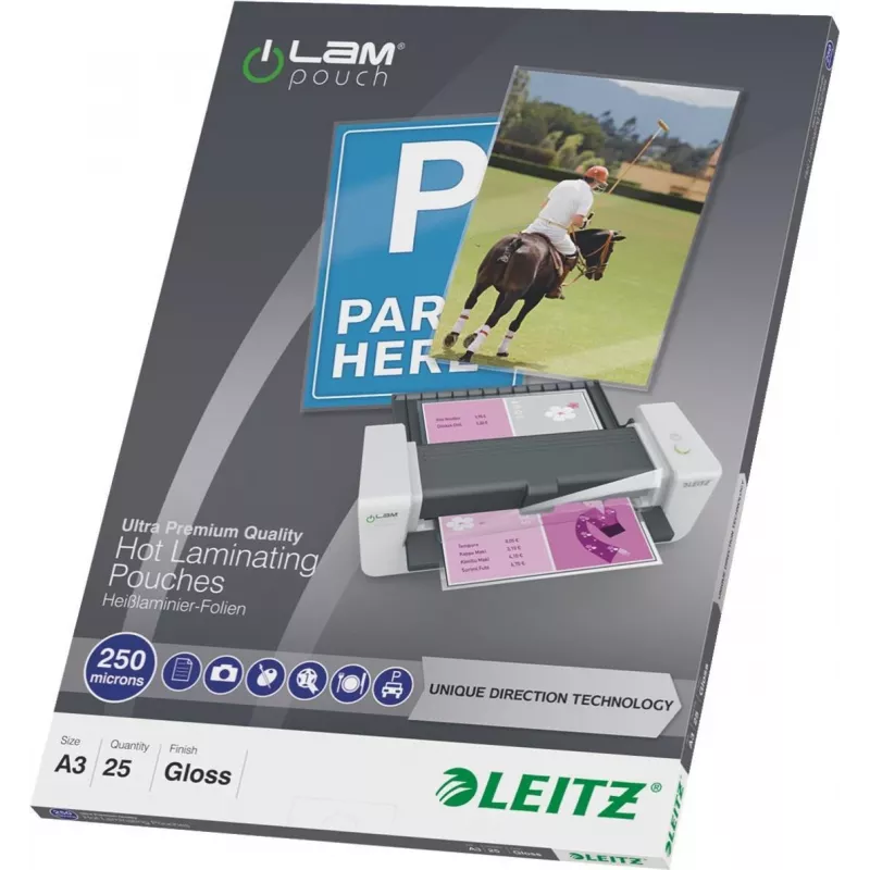 LEITZ A3 Glossy Laminating Pouches 250 Micron Crystal Clear, 25 Pack (7491-00-00)