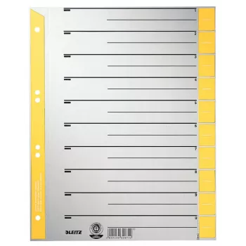 LEITZ A4 Extra Wide Kraft Cardboard Dividers, 230gsm, Grey with Yellow Blank Tabs, 10-Part Set 1652-00-15