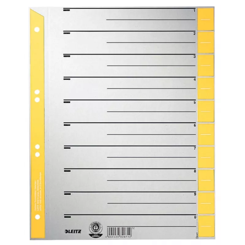 LEITZ A4 Extra Wide Kraft Cardboard Dividers, 230gsm, Grey with Yellow Blank Tabs, 10-Part Set 1652-00-15