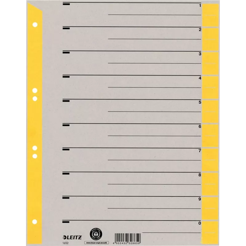 LEITZ A4 Extra Wide Kraft Cardboard Dividers, 230gsm, Grey with Yellow Blank Tabs, 10-Part Set 1652-00-15