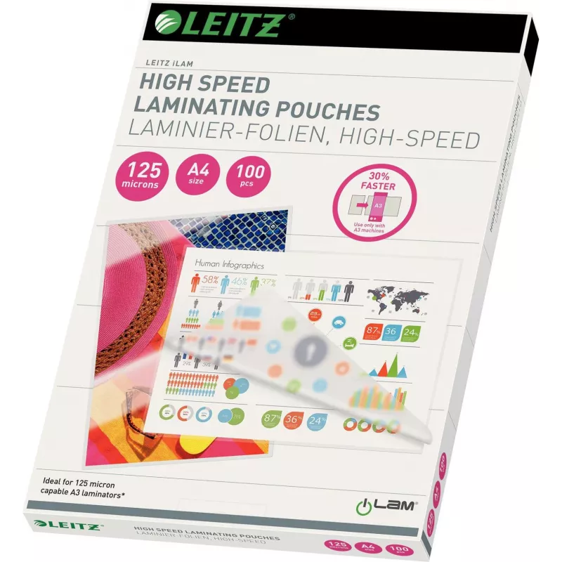 Leitz A4 Laminating Pouches, 80 micron, Glossy, 100 Pack, Jam-Free UDT 7430-00-02