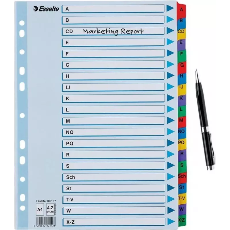 LEITZ A4 Mylar A-Z Index Dividers, 26-Tab, Multi-Coloured, Universal Punching, 160 gsm, 1 Set (100167)