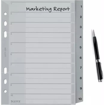 LEITZ A5 Plastic Index Dividers, Numbered 1-10, Grey, 10-Part, Polypropylene, 0.12 mm, with Writable Cover 1285-00-00
