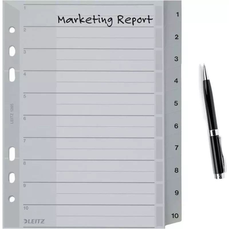 LEITZ A5 Plastic Index Dividers, Numbered 1-10, Grey, 10-Part, Polypropylene, 0.12 mm, with Writable Cover 1285-00-00