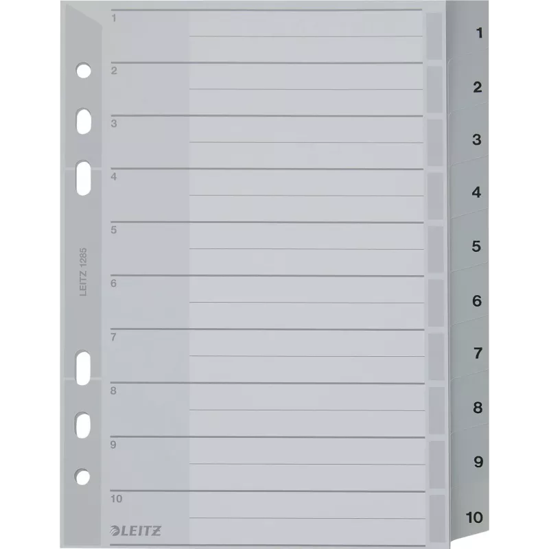 LEITZ A5 Plastic Index Dividers, Numbered 1-10, Grey, 10-Part, Polypropylene, 0.12 mm, with Writable Cover 1285-00-00