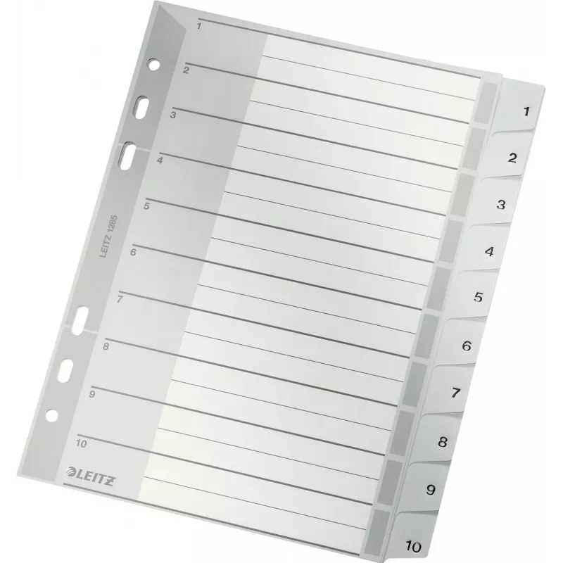 LEITZ A5 Plastic Index Dividers, Numbered 1-10, Grey, 10-Part, Polypropylene, 0.12 mm, with Writable Cover 1285-00-00