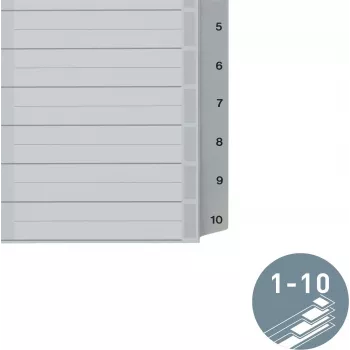 LEITZ A5 Plastic Index Dividers, Numbered 1-10, Grey, 10-Part, Polypropylene, 0.12 mm, with Writable Cover 1285-00-00