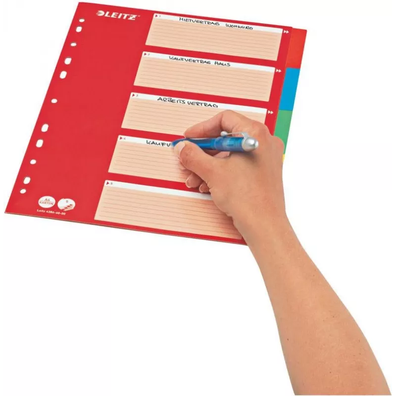 LEITZ Cardboard Index Dividers, Blank Tabs, A4, 5-Part, Multicolour, 160 gsm, with Red Writable Cover Sheet 250 gsm (4386-60-00)