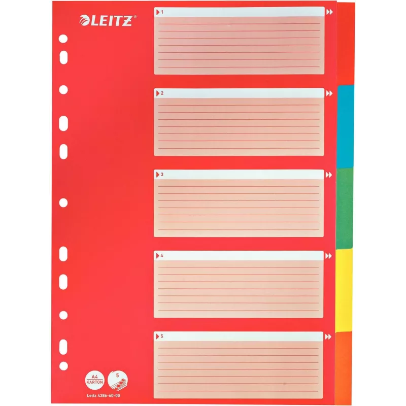 LEITZ Cardboard Index Dividers, Blank Tabs, A4, 5-Part, Multicolour, 160 gsm, with Red Writable Cover Sheet 250 gsm (4386-60-00)