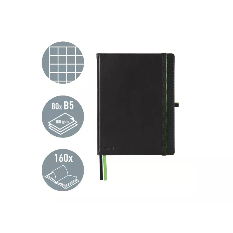 LEITZ Complete Notebook A5 Squared, Black Leather Look, 80 Sheets Ivory Paper, Elastic Band, Pen Holder 4473-00-95