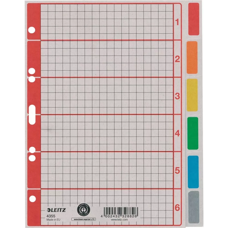 LEITZ Extra Strong Cardboard Index Dividers, Blank, A5, 6-Part, Grey 230 g/m², Writable Cover Sheet with Grid Print 4355-00-85