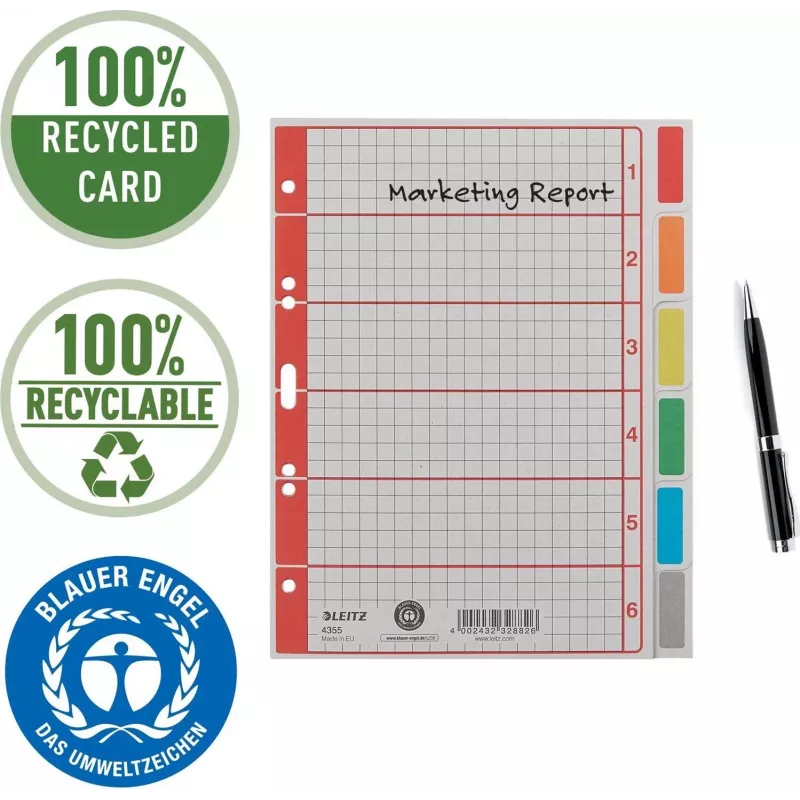 LEITZ Extra Strong Cardboard Index Dividers, Blank, A5, 6-Part, Grey 230 g/m², Writable Cover Sheet with Grid Print 4355-00-85