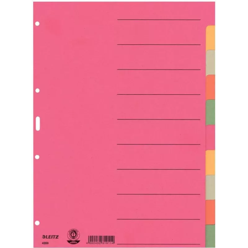 LEITZ Extra Strong Cardboard Index Dividers, Blank Tabs, A4, 10-Part, Multi-Coloured, 230 gsm, 5-Colour Dyed-Through Cardboard (4359-00-00)