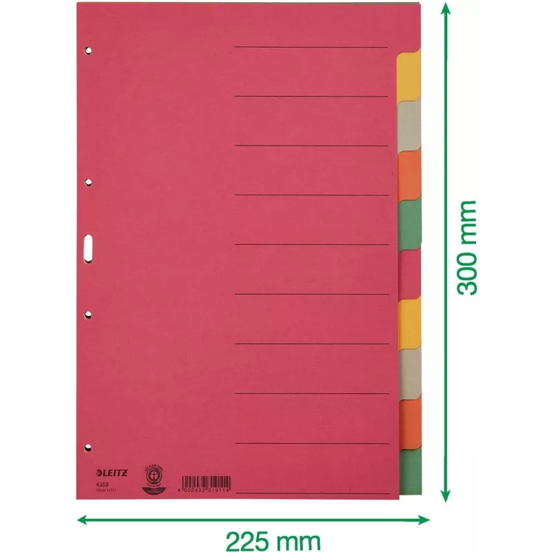 LEITZ Extra Strong Cardboard Index Dividers, Blank Tabs, A4, 10-Part, Multi-Coloured, 230 gsm, 5-Colour Dyed-Through Cardboard (4359-00-00)