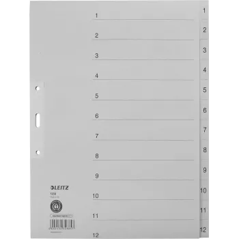 LEITZ Manila Index Dividers, Numeric 1-12, A4 Extra Wide, Grey, 12-Part, 100 gsm, 80 mm Punching, Reinforced Holes 1233-00-85
