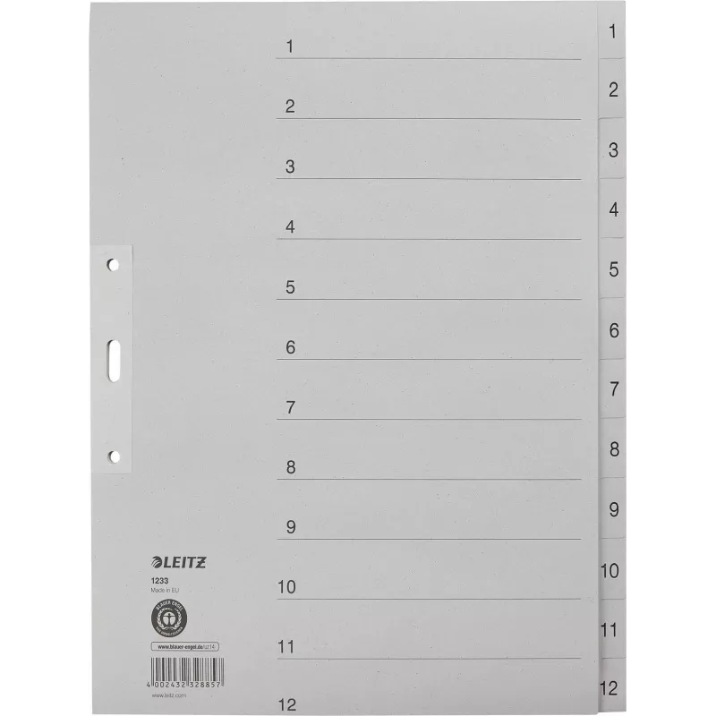 LEITZ Manila Index Dividers, Numeric 1-12, A4 Extra Wide, Grey, 12-Part, 100 gsm, 80 mm Punching, Reinforced Holes 1233-00-85