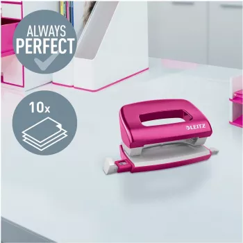 Leitz NeXXt Series WOW Metal Mini Hole Punch, Pink, 2-Hole, 10 Sheets, Metallic Finish 5060-10-23