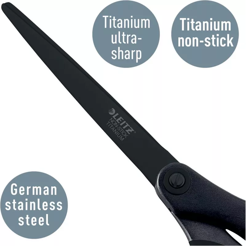 Leitz Titanium Quality Scissors 180 mm, Stainless Steel Blades with Titanium Coating, Ergonomic Soft-Grip Handles, Black/Red, for Paper and Fabric 5419-60-95