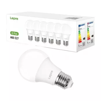 LEPRO 100090-DW-EU-6 LED Bulb, E27, A60, 8.5W (60W Equivalent), 806 lm, 6500K Cool White, 180° Beam Angle, 6-Pack