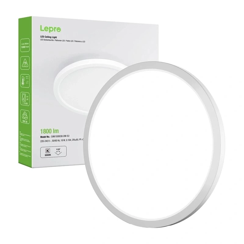 LEPRO 1500038 LED Ceiling Light 18W 1800lm 4000K Natural White IP54 Flush Mount
