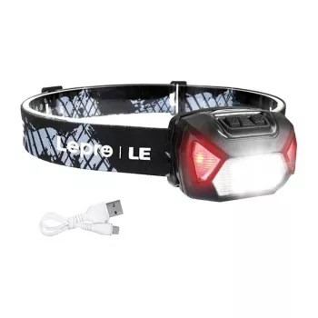 LEPRO 320014 USB Rechargeable LED Headlamp with CREE XPE Spotlight, COB Floodlight, Red Light, IPX4 Waterproof, 300 Lumens, 1200mAh Battery, Adjustable Elastic Headband - Black