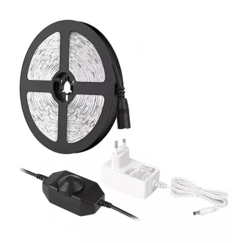 LEPRO PR4100067-DW-EU 5m Warm White LED Strip Kit with Dimmable 3000K SMD 2835 Tape Light, 12V 24W 1200lm, 3M Adhesive, Inline Dimmer, Power Supply Included, IP20