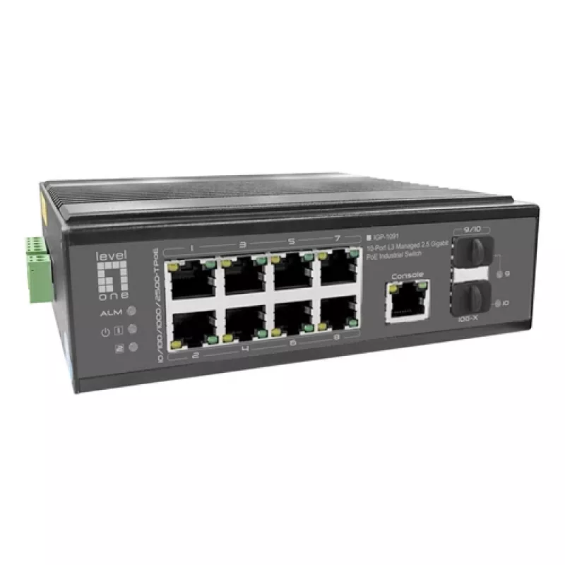 LevelOne Industrial PoE+ Switch 8x 2.5G PoE, 2x 1G, 2x 10G SFP+ Uplinks, Unmanaged, DIN-Rail, IP30