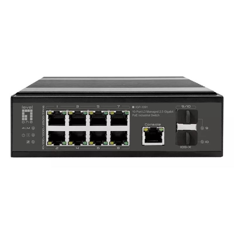 LevelOne Industrial PoE+ Switch 8x 2.5G PoE, 2x 1G, 2x 10G SFP+ Uplinks, Unmanaged, DIN-Rail, IP30
