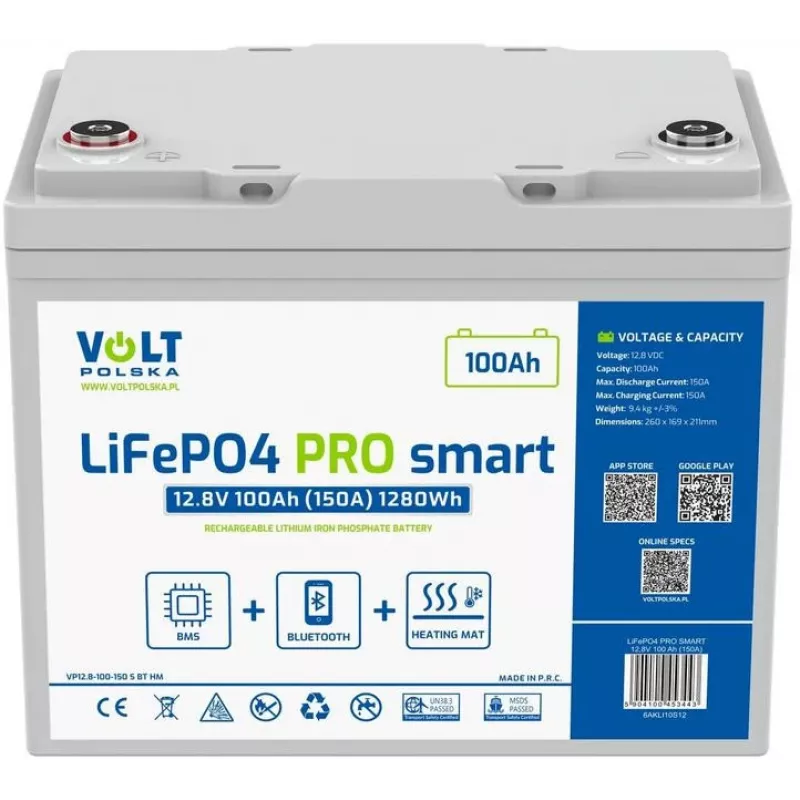 LiFePO4 Battery Volt Polska PRO SMART 12.8V 100 Ah (150A) BMS BLUETOOTH + HEATING PAD