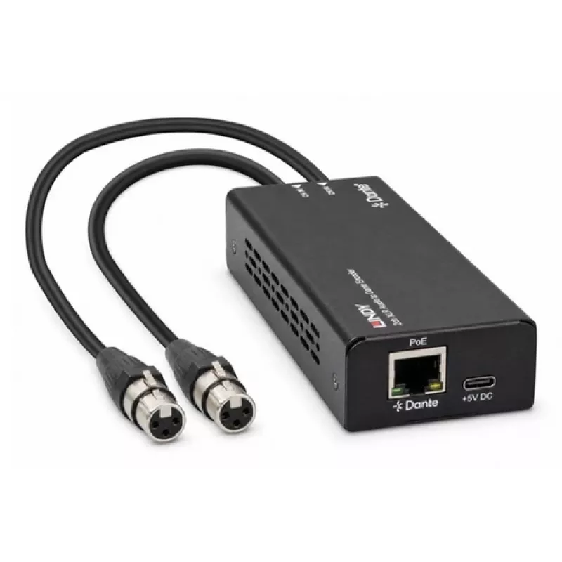 LINDY 2ch XLR Audio to Dante Encoder, PoE, AES67, 24-bit/96kHz 70618