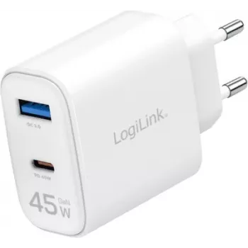 LogiLink 45W GaN USB Wall Charger, 1x USB-C PD, 1x USB-A QC, White, Euro Plug (PA0410)