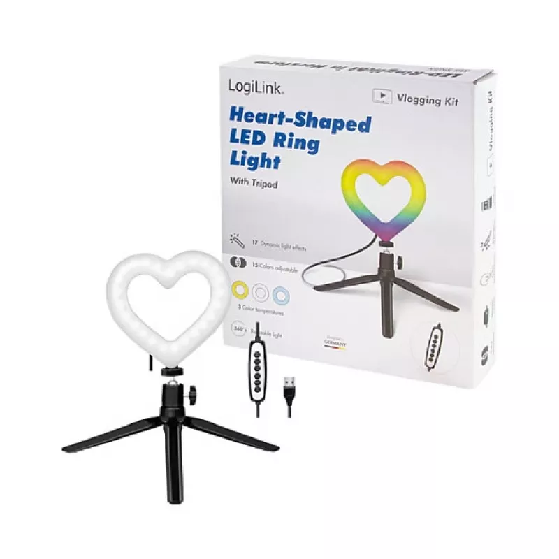 LOGILINK AA0155 Heart-Shaped LED Ring Fill Light with Tripod, 20.5 cm, 10 Brightness Levels, 3000K-6000K, USB-A