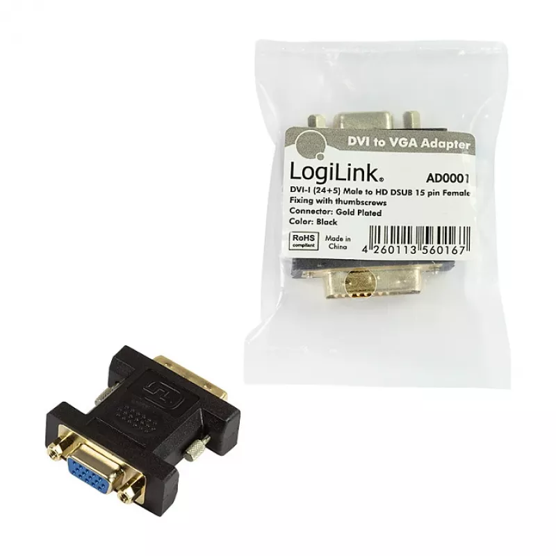 LogiLink AD0001 DVI-I to VGA Adapter, DVI-I Male to HD15 Female, 1080p, Black