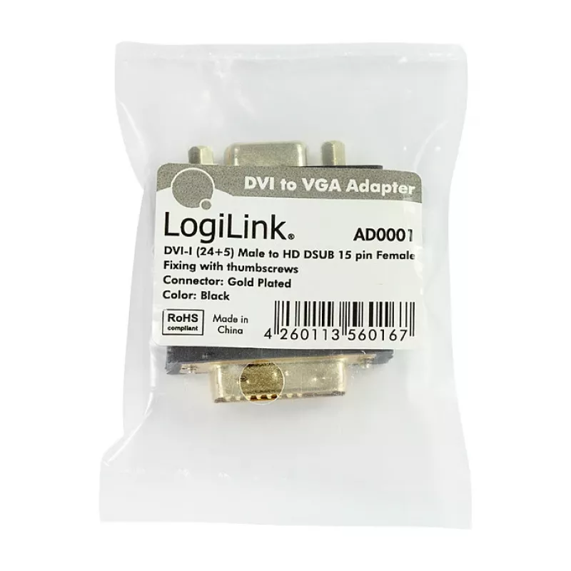 LogiLink AD0001 DVI-I to VGA Adapter, DVI-I Male to HD15 Female, 1080p, Black