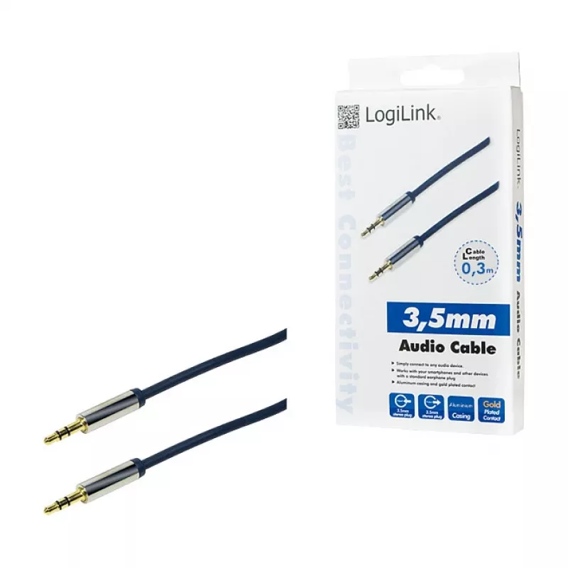 LogiLink CA10030 Premium 3.5mm TRS Male to Male Audio Cable, Metal Connectors, Blue, 0.3m