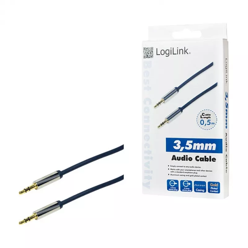 LogiLink CA10050 3.5mm TRS Male to 3.5mm TRS Male Stereo Audio Cable, Metal Connectors, Blue, 0.5m