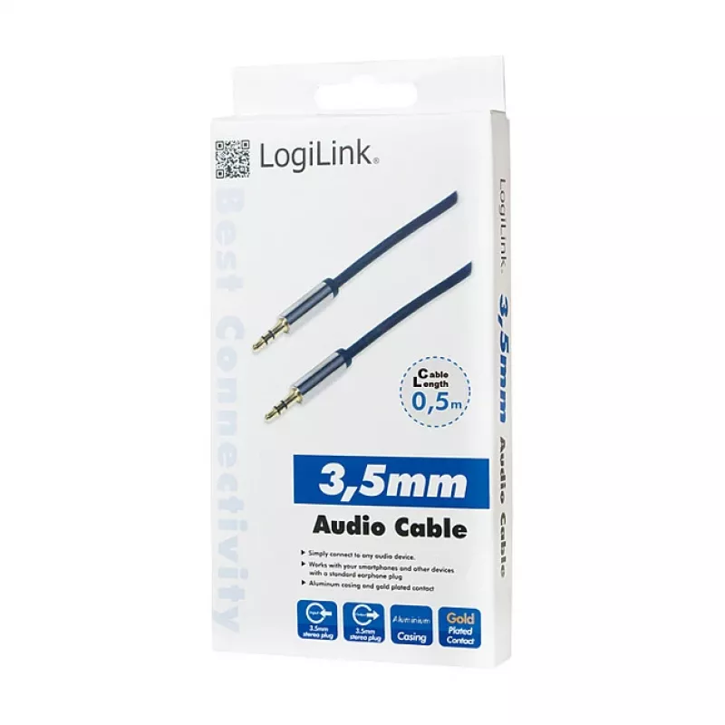 LogiLink CA10050 3.5mm TRS Male to 3.5mm TRS Male Stereo Audio Cable, Metal Connectors, Blue, 0.5m