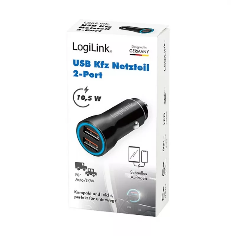 LogiLink PA0285 2-Port USB Car Charger 10.5W, LED Illuminated, Black