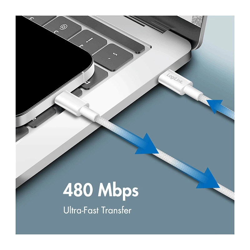 LogiLink CU0320 USB 2.0 Type-C Cable, USB-A to USB-C, 480 Mbps, 60W, Nylon Braided, White, 0.5 m