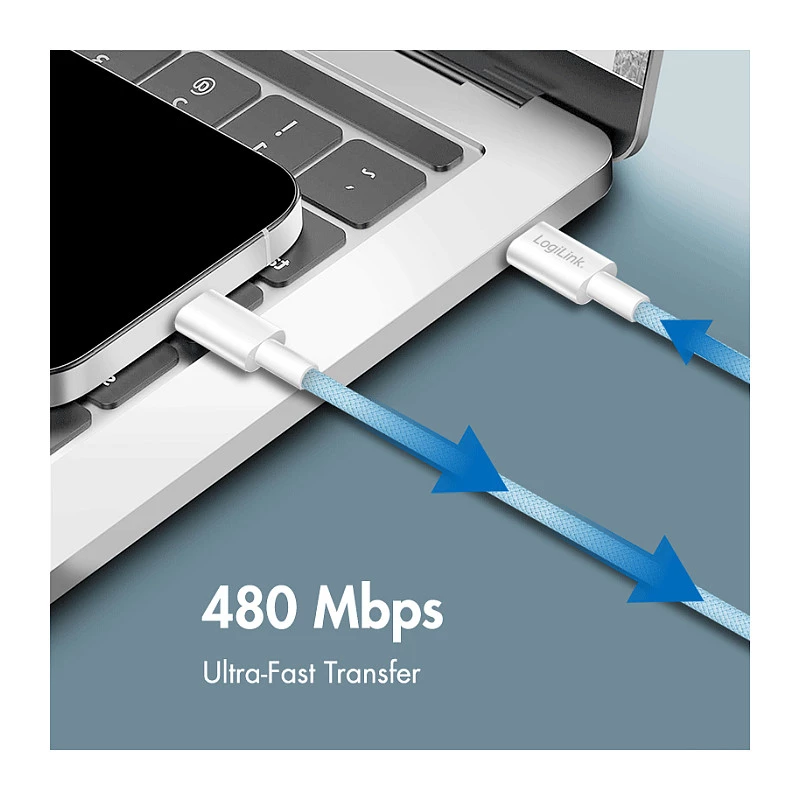 LogiLink CU0350 USB 2.0 Type-C to Type-C Cable, 1 m, Nylon Braided, Blue, 60W Power Delivery, 480 Mbps