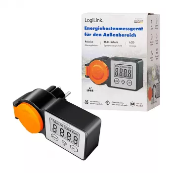 LogiLink Energy Cost Meter Outdoor, IP44 Splash-Proof, 16A, 3680W, Schuko, LCD