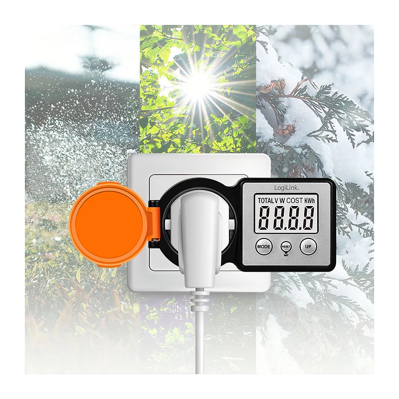 LogiLink Energy Cost Meter Outdoor, IP44 Splash-Proof, 16A, 3680W, Schuko, LCD