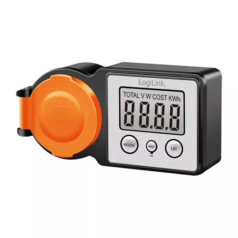 LogiLink Energy Cost Meter Outdoor, IP44 Splash-Proof, 16A, 3680W, Schuko, LCD